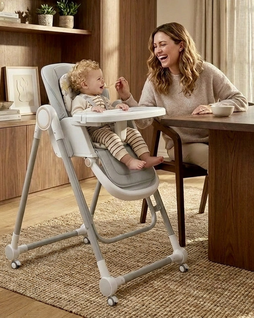 chaise haute bébé grise, sourir bébé avec maman