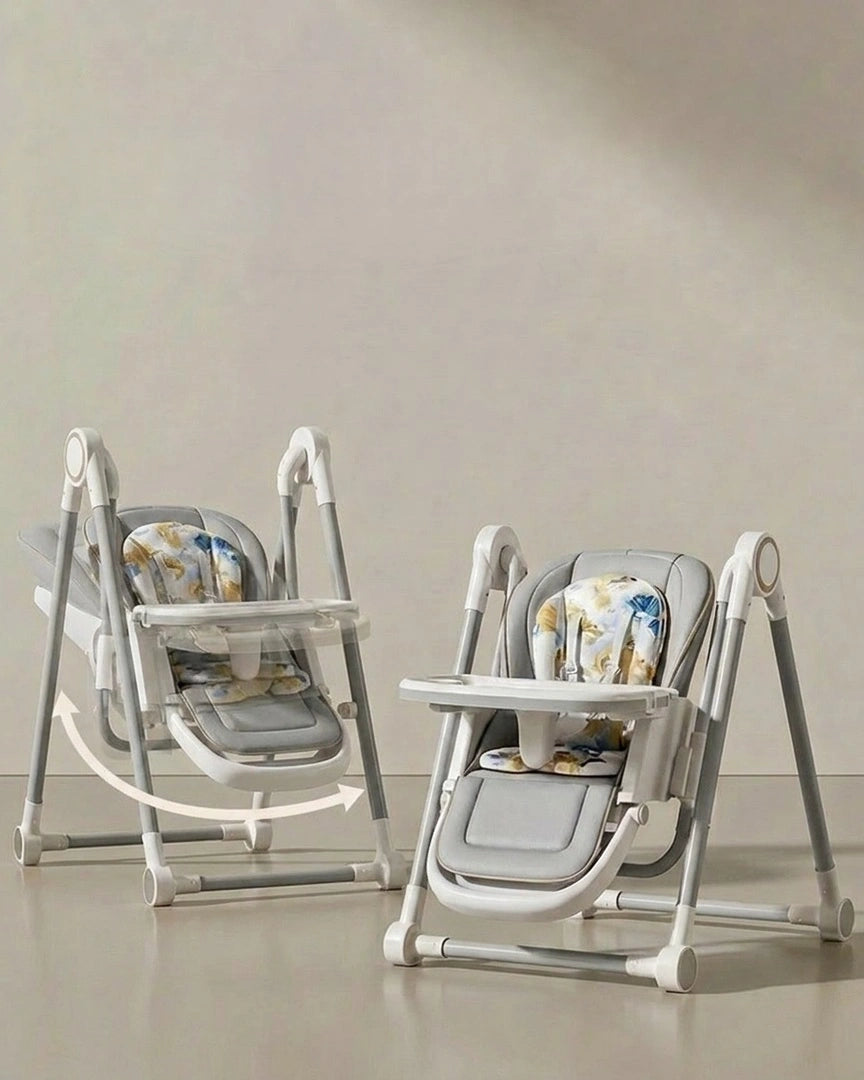 chaise haute bébé grise, multiples vues, hauteur réglable