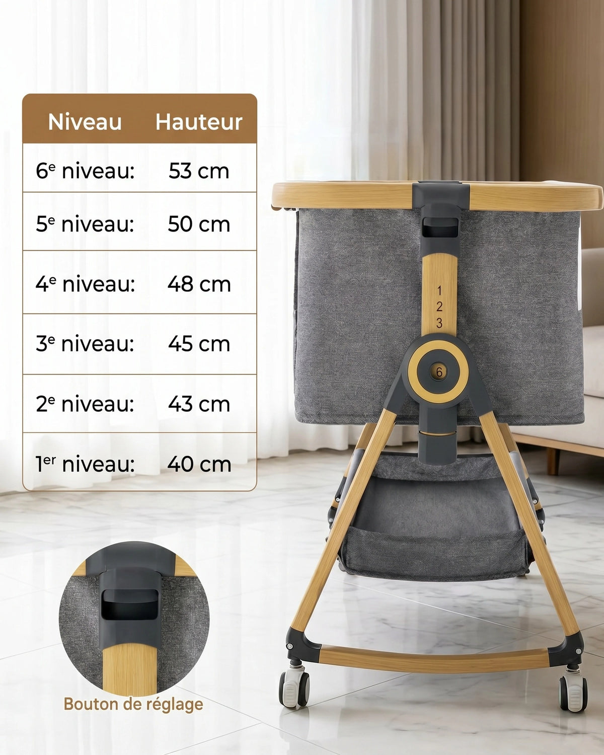 Lit cododo golden réglable en hauteur, bébé, vu de coté, bouton de réglage