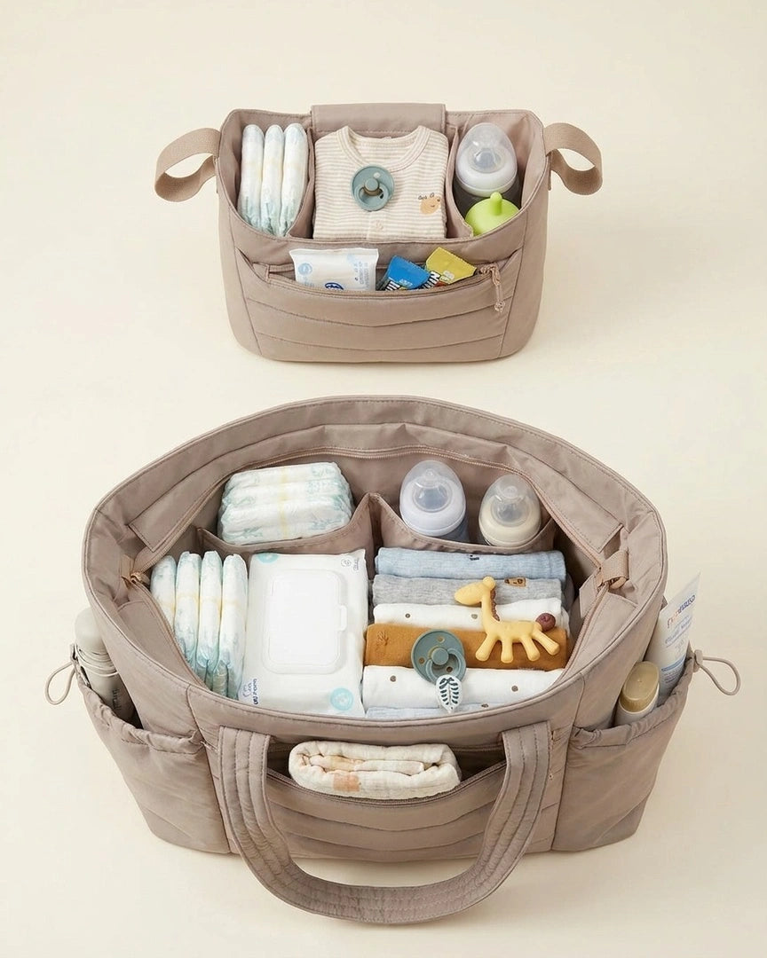 sac a langer beige, vue de haut produits, ouvert