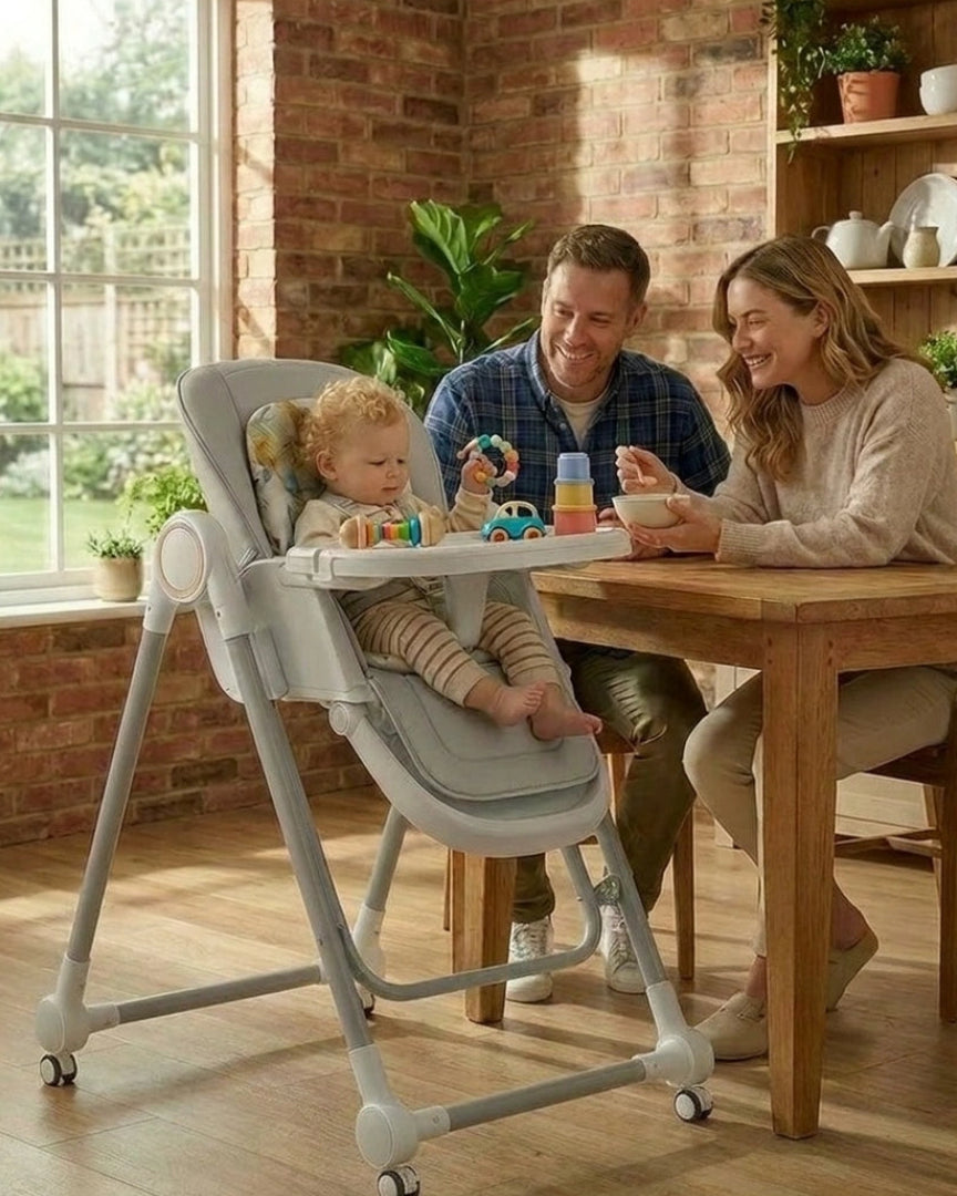 chaise haute bébé grise, parents cuisine