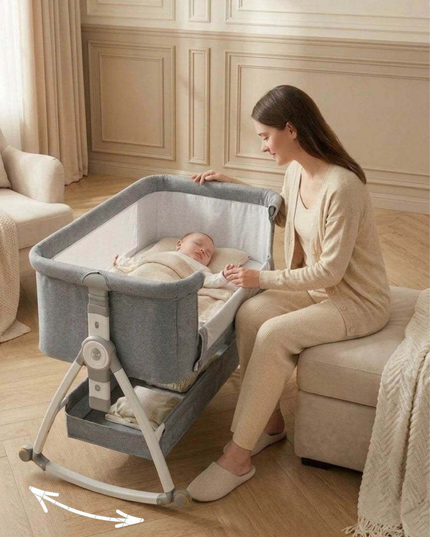 lit  cododo gris, ouvert, maman console bébé