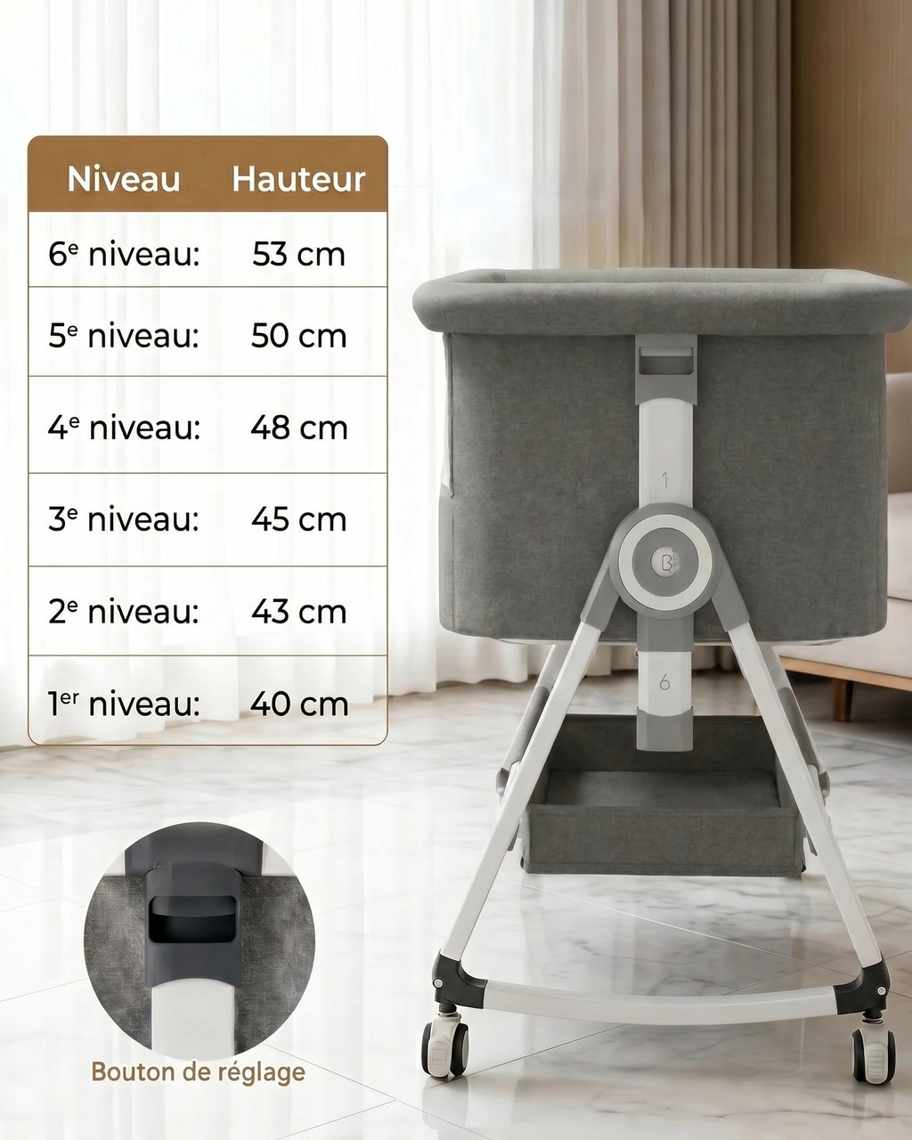 Lit cododo gris réglable en hauteur, bébé