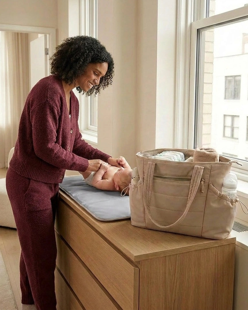 sac a langer beige, maman change bébé