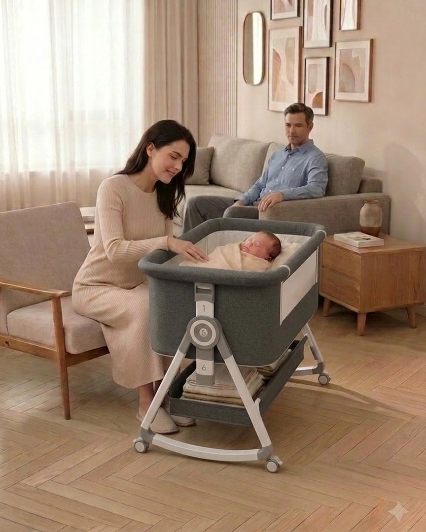 lit  cododo gris, papa maman salon rassure bébé