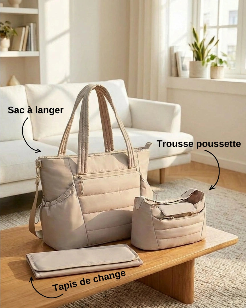 sac a langer beige, vue produits sur la table