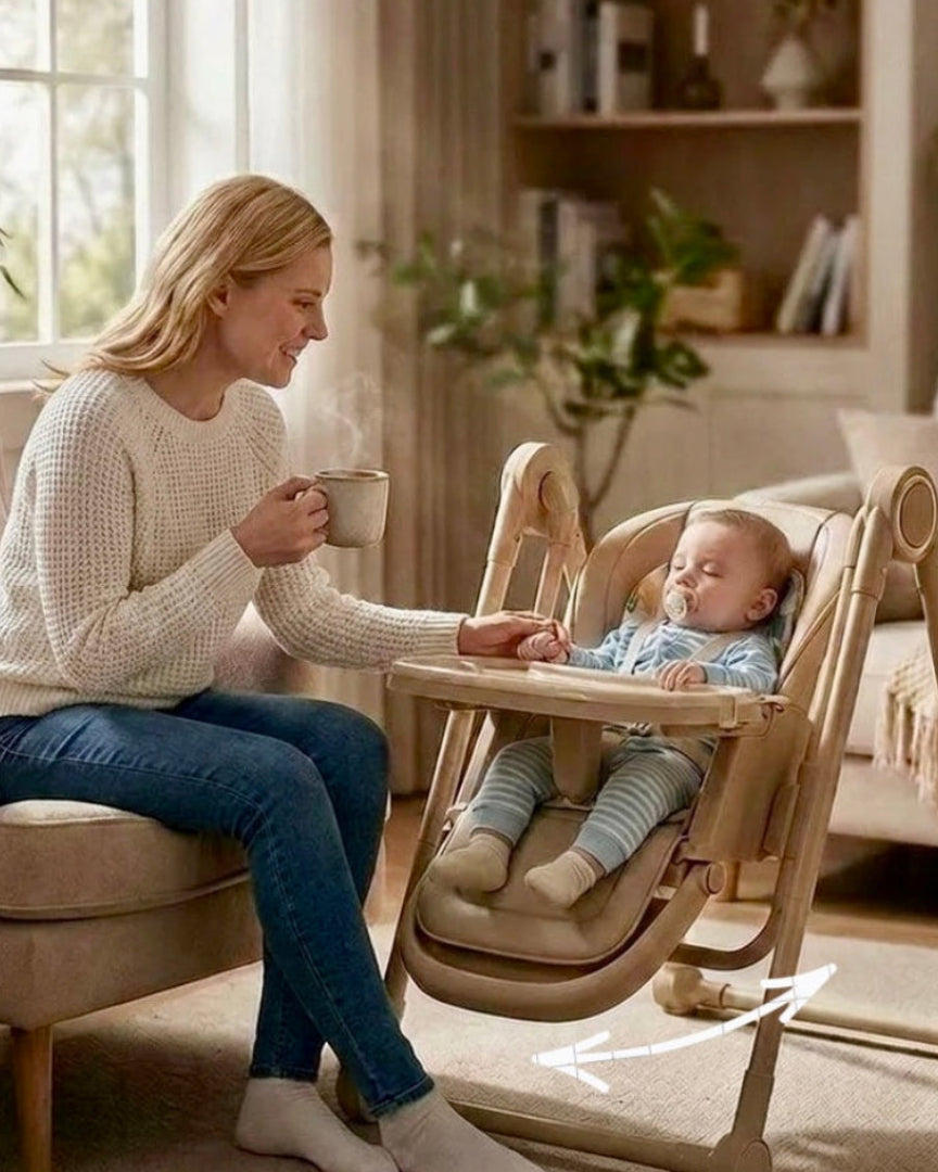 chaise haute bébé beige, maman avec bébé qui dort