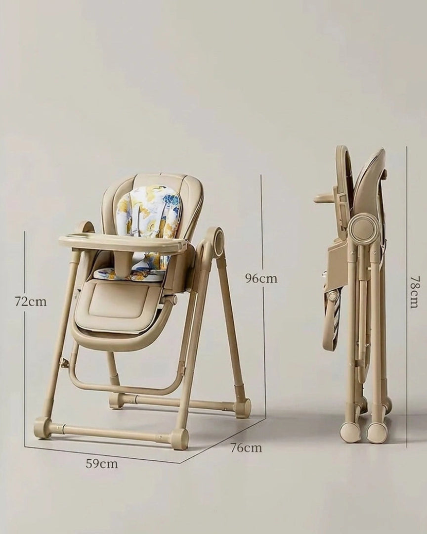 chaise haute bébé beige, vue pliable, et dimensions