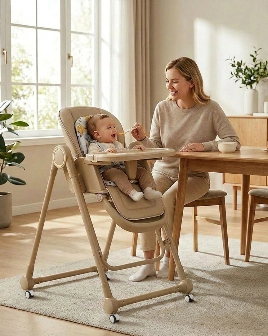 chaise haute bébé beige, maman cuisone