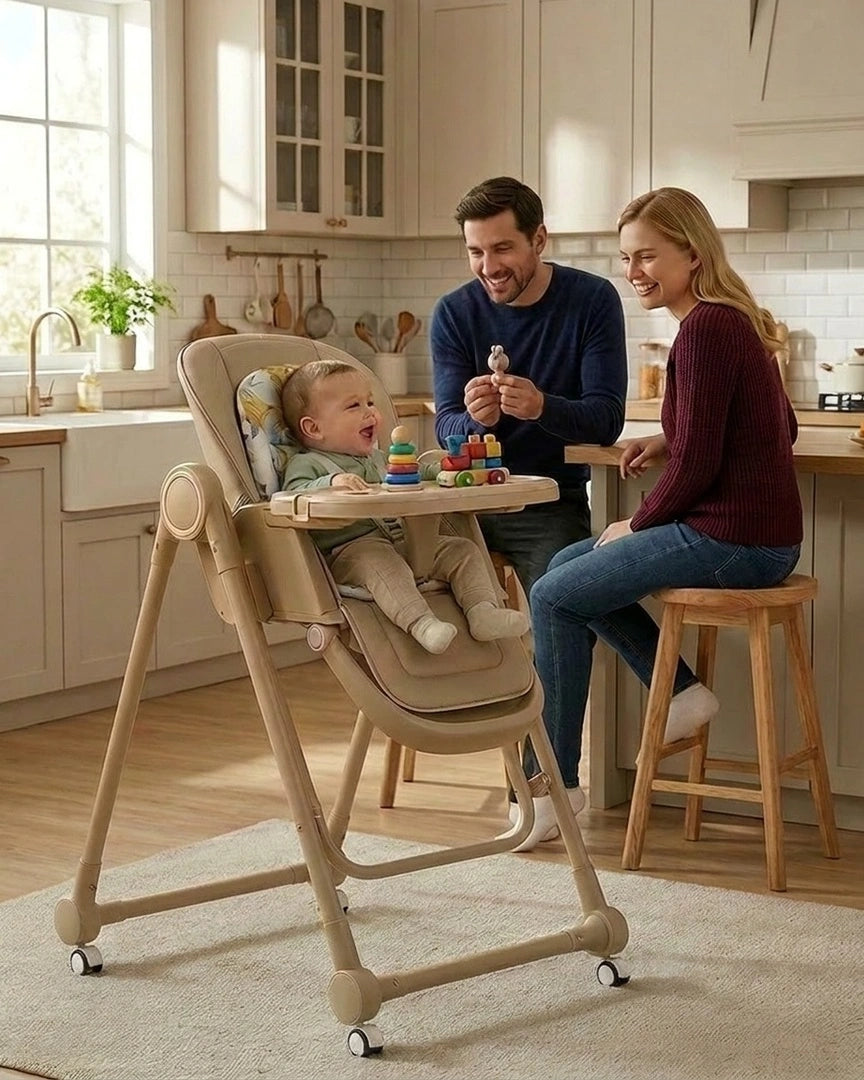 chaise haute bébé beige, parents cuisine