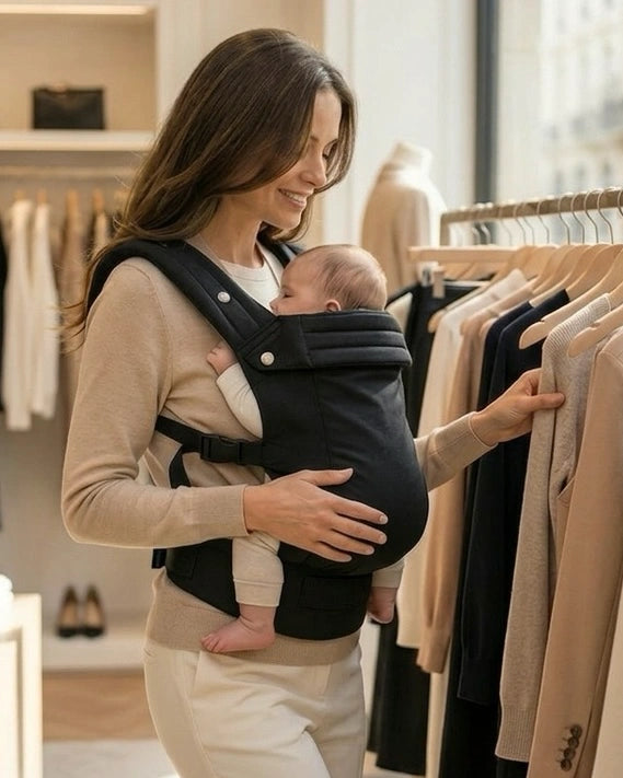 Parent portant bébé dans le porte‑bébé physiologique noir lors d’un essayage en magasin de vêtements — portage pratique et maniable en cabine