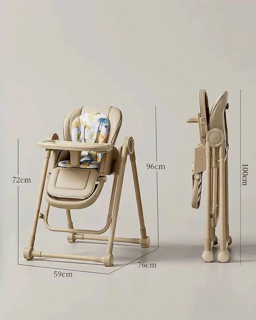 chaise haute bébé beige, dimensions dépliée et pliée