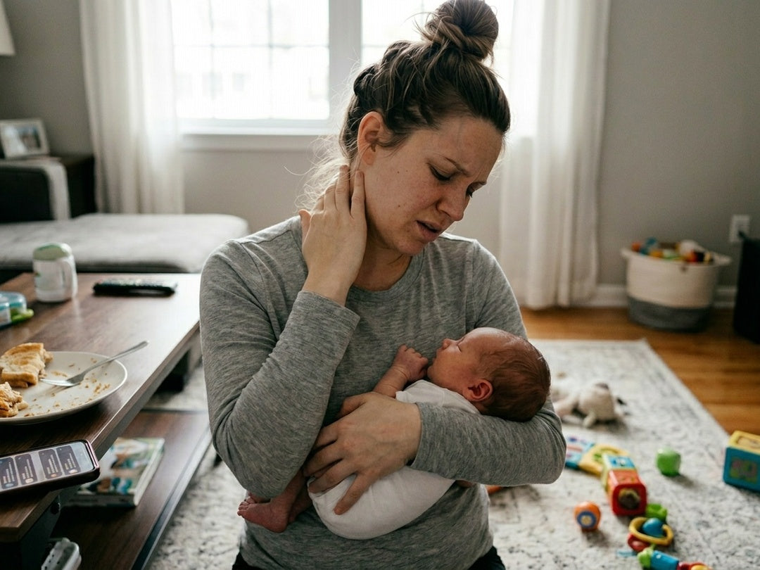 Femme portant un bébé à la maison — image générique représentant un parent fatigué tenant son bébé, moment de repos et proximité Image