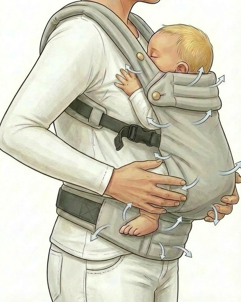 Croquis illustrant la circulation de l’air dans le tissu en coton respirant du porte‑bébé — flèches montrant flux d’aération.