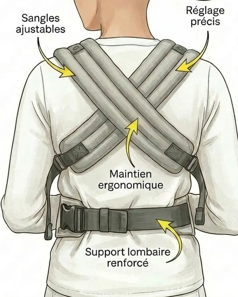 Croquis de dos montrant la position en M et les bénéfices — jambes ouvertes en M, dos arrondi naturel du bébé, renforts visibles : ceinture lombaire, panneau dorsal, sangles/bretelles rembourrées, clips sécurisés.