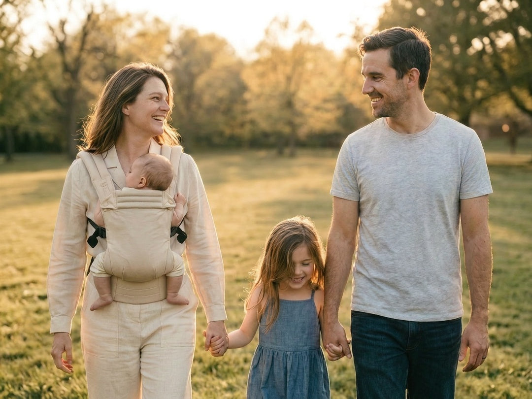 Famille au parc — parent portant bébé dans le porte‑bébé, promenade en nature avec enfant et partenaire en arrière‑plan Image