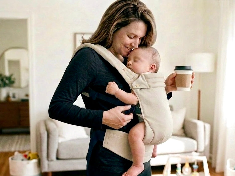 Femme souriante tenant un café et portant un bébé dans un porte‑bébé — moment quotidien, confort et détente Image