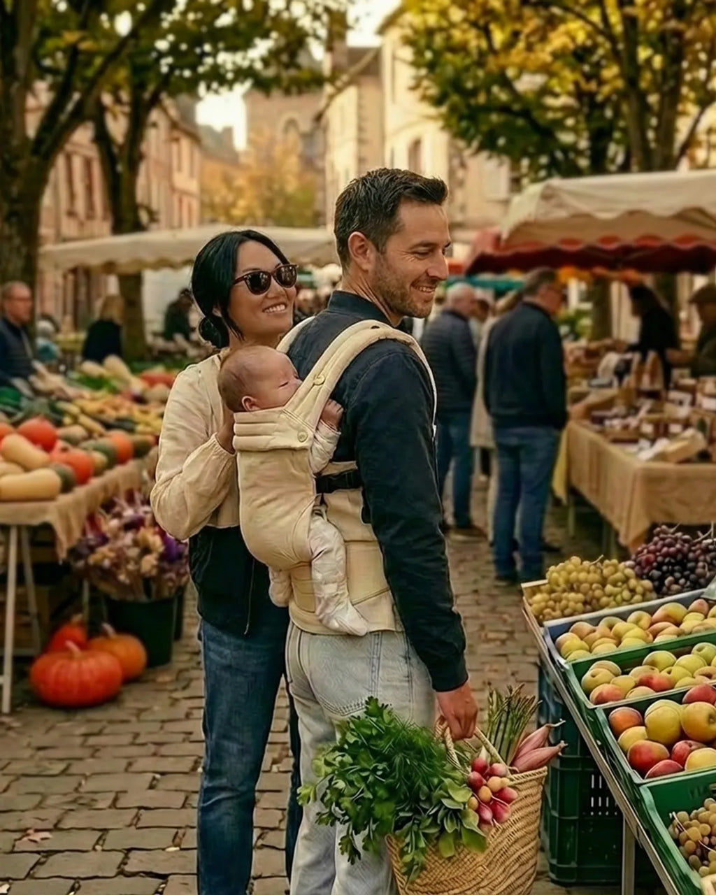 Parent (papa) portant bébé dans le porte‑bébé physiologique beige au marché — portage confortable et pratique pour courses en famille