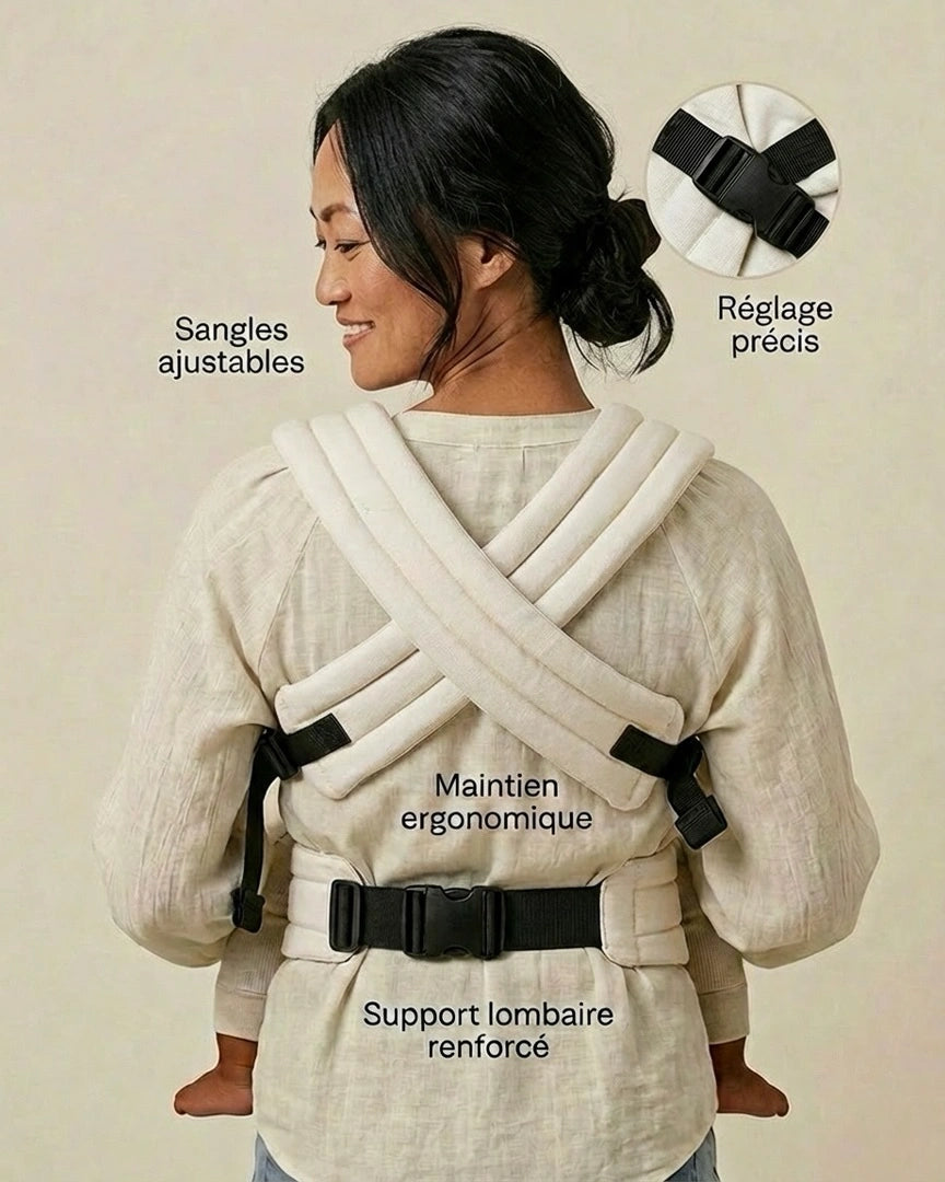 Femme de dos portant bébé dans un porte‑bébé physiologique beige — vue arrière, maintien ergonomique
