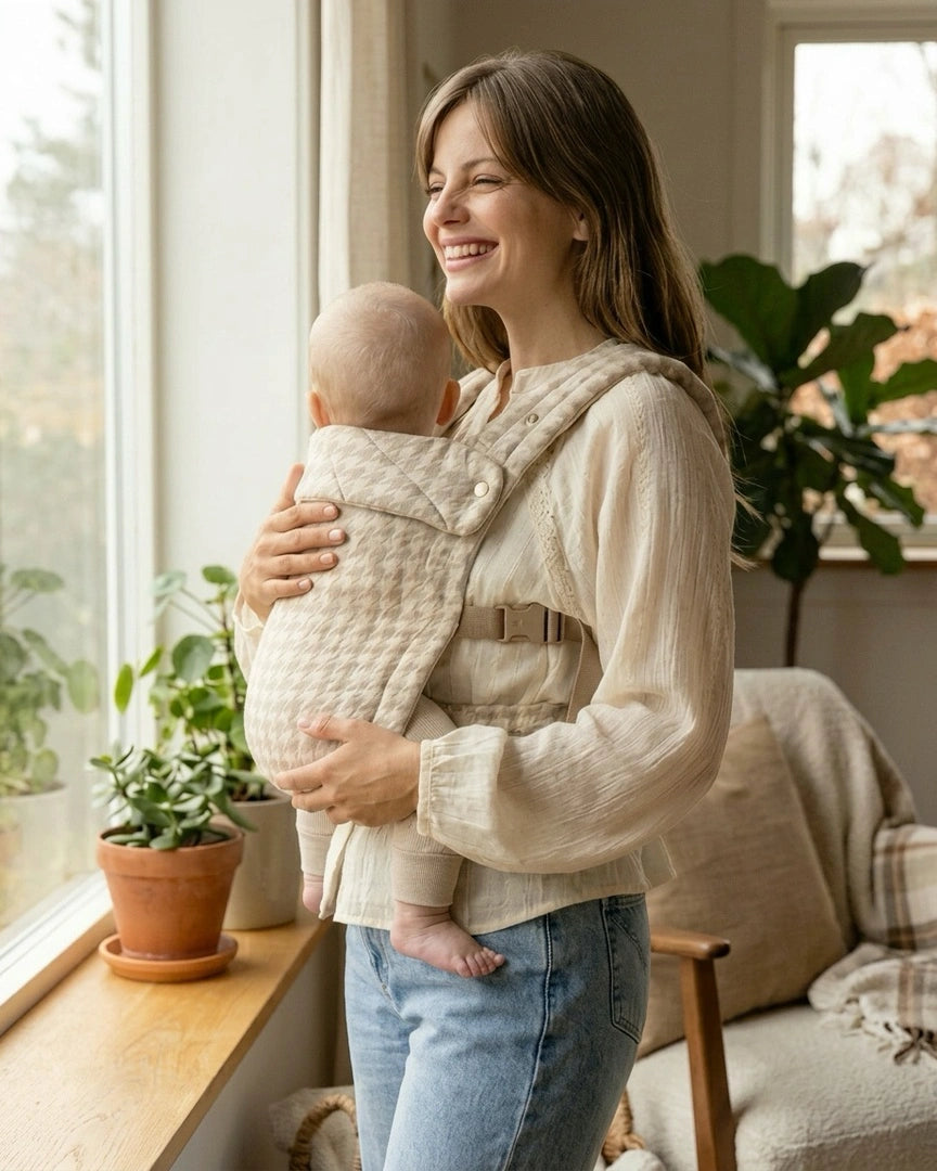 Femme souriante de dos portant bébé dans le porte-bébé physiologique gris chiné à motif dent-de-poule devant une fenêtre à la maison — lumière naturelle, confort et maintien ergonomique