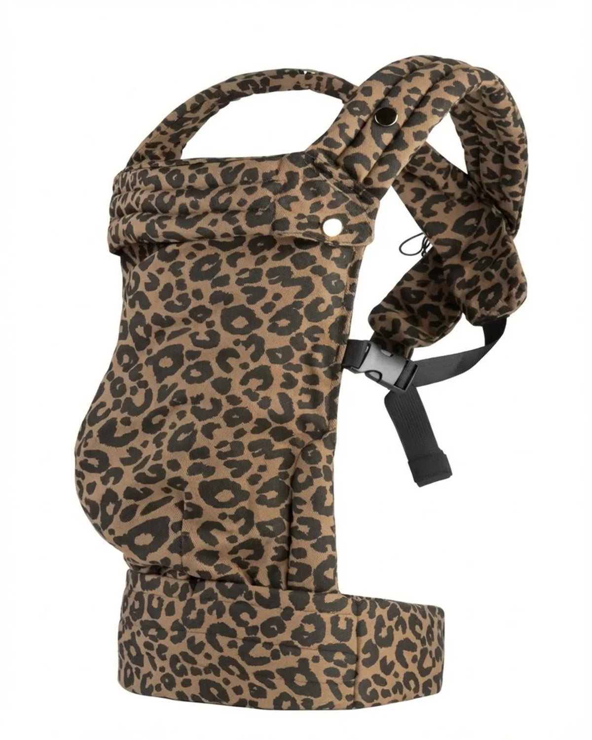 Porte‑bébé physiologique marron motif léopard — vue produit seul, maintien ergonomique
Légende : Marron léopard — style audacieux et maintien ergonomique