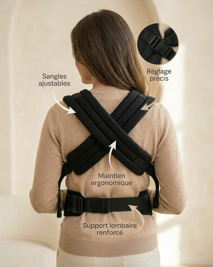 Vue de dos — personne portant bébé dans le porte‑bébé physiologique noir — maintien ergonomique et ajustements visibles - bénéfices