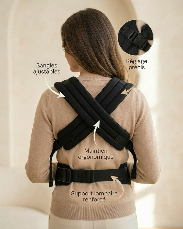 Vue de dos — personne portant bébé dans le porte‑bébé physiologique noir — maintien ergonomique et ajustements visibles - bénéfices