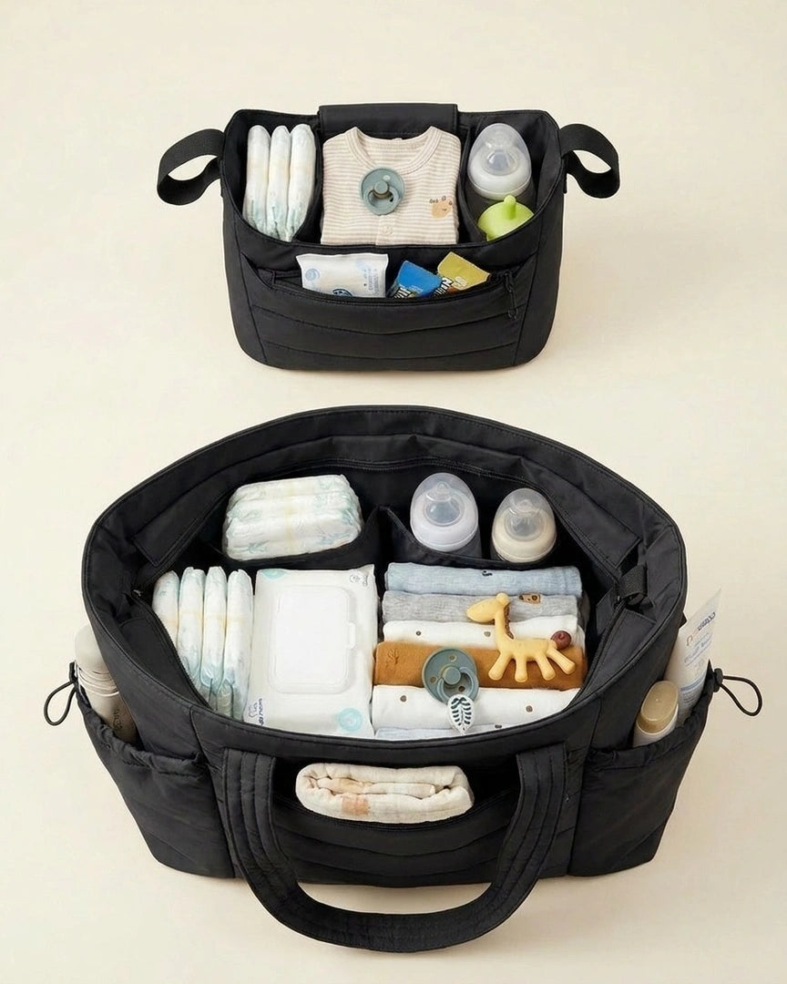 sac a langer noir, vue de face ouvert rangements