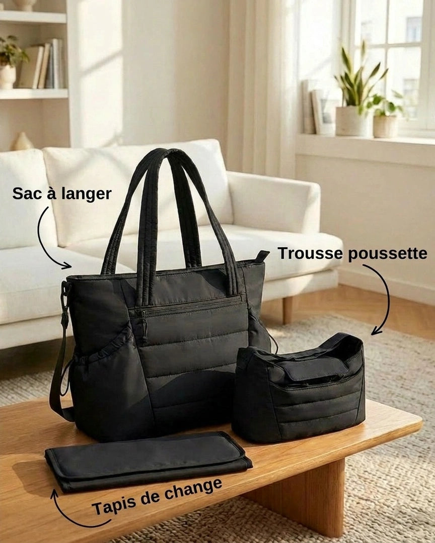 sac a langer noir,vue posé sur la table